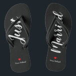 Personalize Just Married Flip Flops in black<br><div class="desc">These adorable black flip flops feature "Just Married" and your personalized name in white print with a red heart</div>