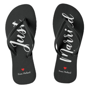 Personalize Just Married Flip Flops in black