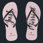 Personalize Just Married Flip Flops in pale pink<br><div class="desc">These adorable pale pin flip flops feature "Just Married" in large black script and your personalized name in black print with a red heart</div>