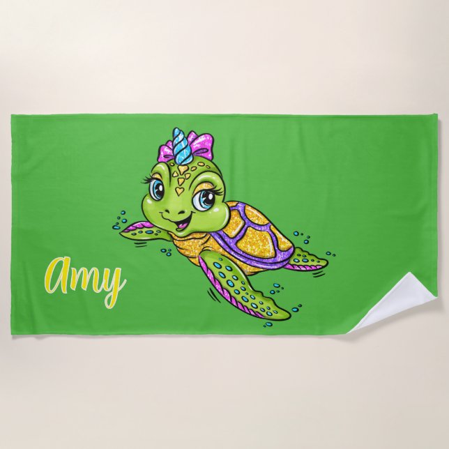 Personalize Kids Unicorn Turtle  Beach Towel (Front)