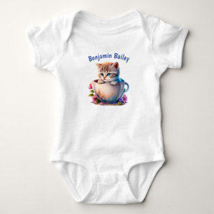Personalize Kitten in a tea cup Baby Bodysuit