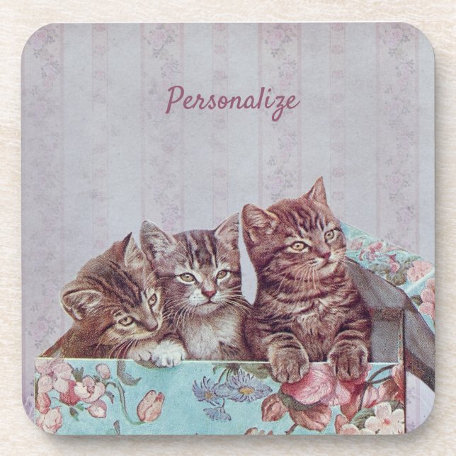 Personalize Kittens in Vintage Box Coaster (Front)