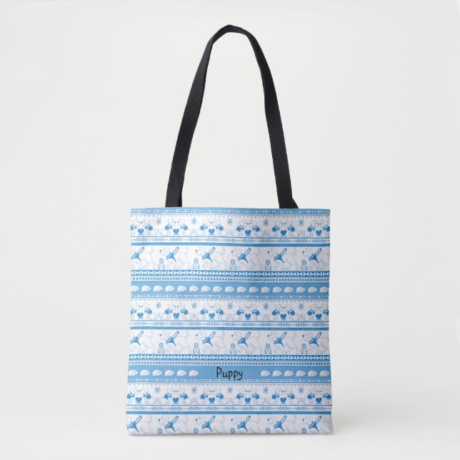 Personalize Labrador Guide Dog Tale Pattern Blue Tote Bag (Front)
