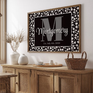 Personalize Last Name Print Black White Floral
