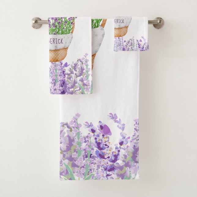 Personalize Lavender Flowers Basket Purple Green Bath Towel Set (Insitu)