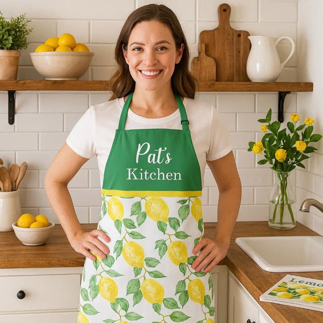 Personalize Lemon Citrus with Green Leaves Print Apron ( Fresh lemon-pattern apron with a customizable top—perfect for cooking, gifting, and everyday use)