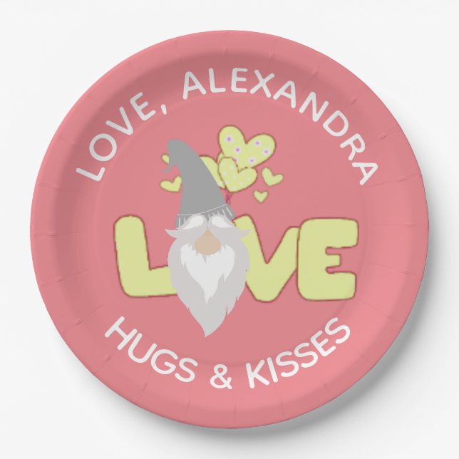 Personalize Love Gnome Heart Yellow And Grey  Paper Plate (Front)