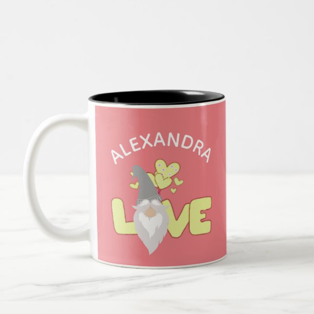 Personalize Love Gnome Heart Yellow And Grey  Two-Tone Coffee Mug (Left)