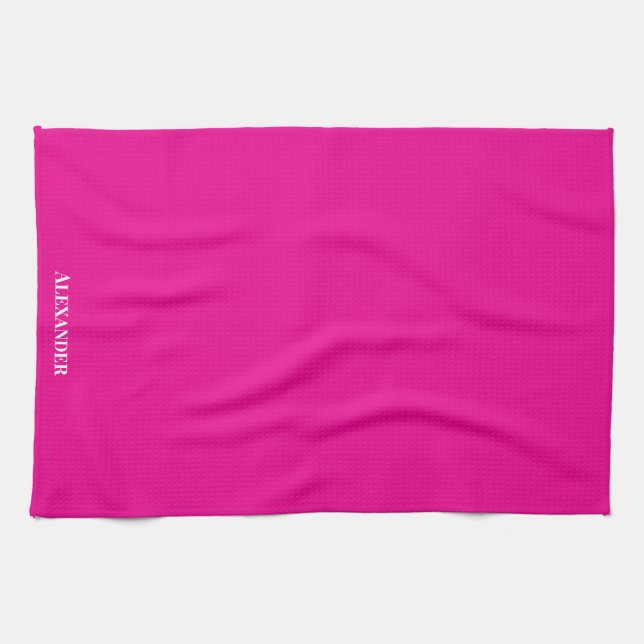 Personalize Magenta Bright Pink Plain Solid White Kitchen Towel (Horizontal)