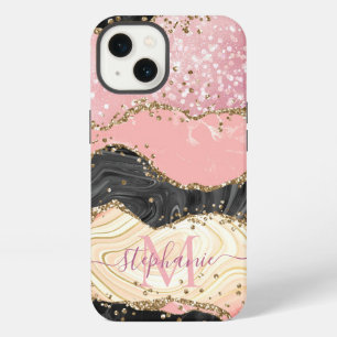Personalize Marble Pink Sparkle Gold Glitter Agate iPhone 13 Case