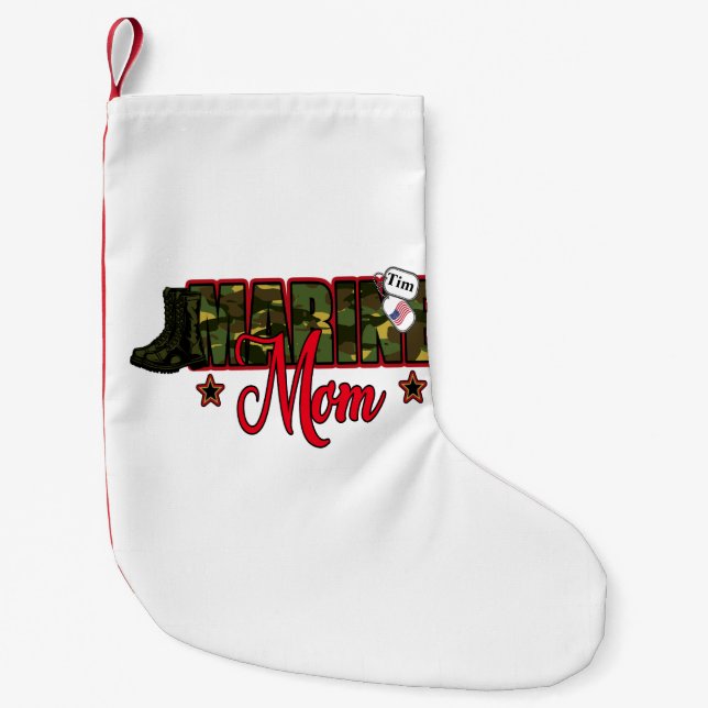 Personalize Marine Mom with Dog Tag Small Christmas Stocking (Front)