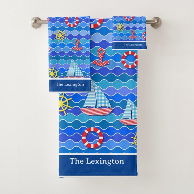 Personalize Marine Wave Red Blue Anchor Boat Sail  Bath Towel Set (Insitu)
