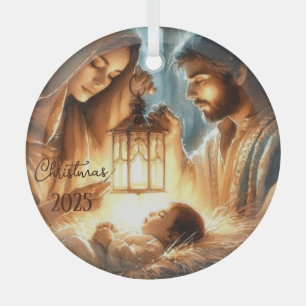 Personalize Mary & Joseph Watching Over Baby Jesus Glass Ornament