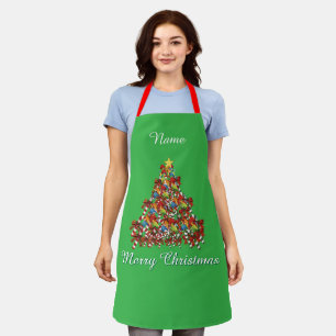 Personalize Merry Christmas Brt Green Holiday  Apron