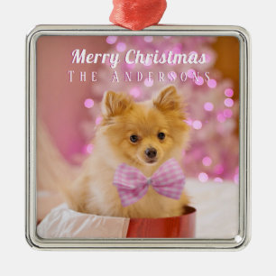 Personalize Merry Christmas & Name, Cute Dog/Tree Metal Ornament