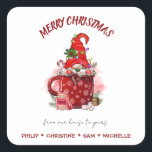Personalize Merry Christmas Santa Gnome Square Sticker<br><div class="desc">Personalize this cute and festive Christmas card with your own name. It features a cute garden gnome in a cup with the phrase "Merry Christmas From Our House To Yours". Let your family and friends know that you remember them during the holiday season by giving them this classic card.</div>
