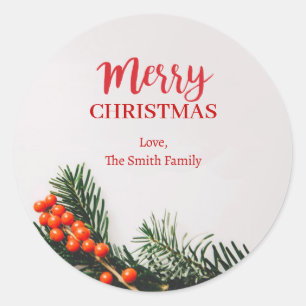 Personalize Merry Christmas Wreath Stripe Classic Round Sticker
