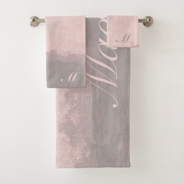 Personalize modern art style light pink gray bath towel set (Insitu)
