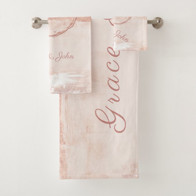 Personalize Modern Art Style Soft Pink Peach Bath Towel Set (Insitu)