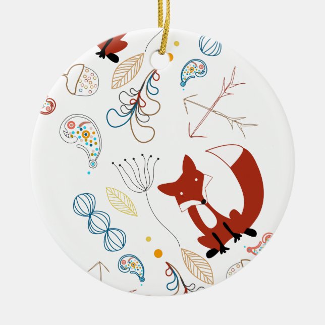Personalize Modern Fox  Woodland Pattern Ceramic Ornament (Front)