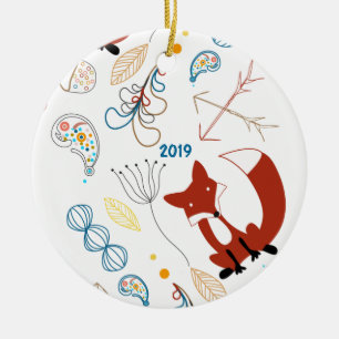 Personalize Modern Fox Woodland Pattern Ceramic Ornament