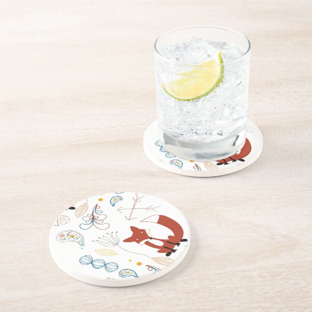 Personalize Modern Fox  Woodland Pattern Coaster (Side)