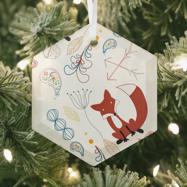 Personalize Modern Fox  Woodland Pattern Glass Ornament (Insitu)