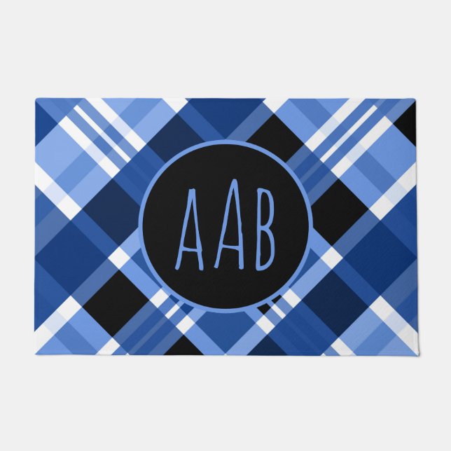 Personalize Monogram Blue Plaid Classic Welcome Doormat (Front)
