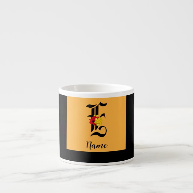 Personalize Monogram E Floral Black Orange     Espresso Cup (Front)