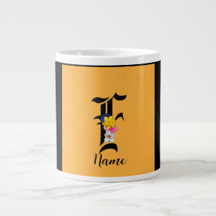 Personalize Monogram F Floral Black Large Coffee Mug