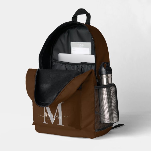 Personalize Monogram Initial Name Chocolate Brown Printed Backpack (Back Corner Right (Open))