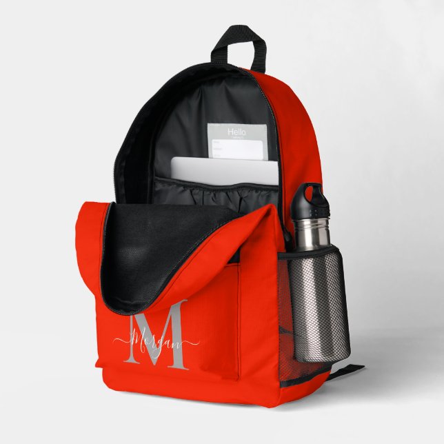 Personalize Monogram Initial Name Orange Printed Backpack (Back Corner Right (Open))