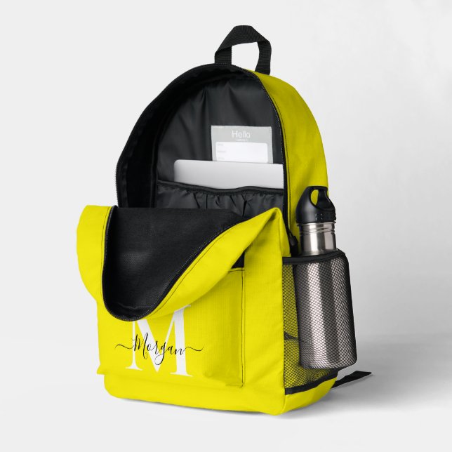Personalize Monogram Initial Name Yellow Printed Backpack (Back Corner Right (Open))