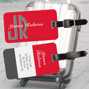 Personalize Monogram/Name, Red, Grey & White Luggage Tag