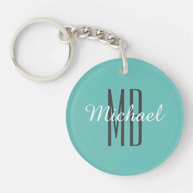 Personalize Monogram Name Wh/Bk, Light Teal  Keychain (Front)