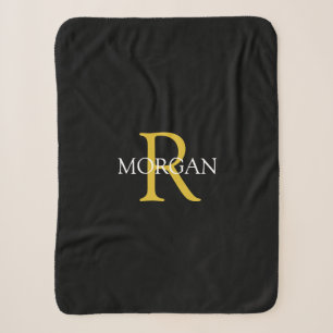Personalize Monogram Name White & Gold Text, Black Sherpa Blanket