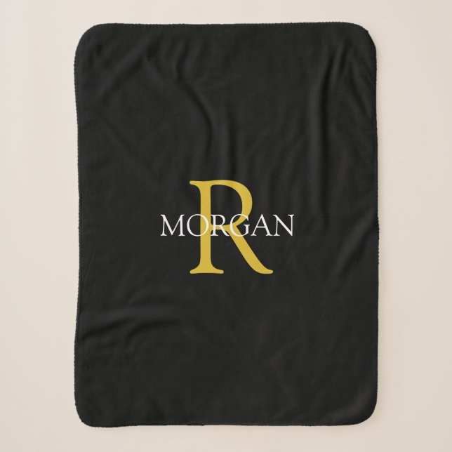 Personalize Monogram Name White & Gold Text, Black Sherpa Blanket (Front)