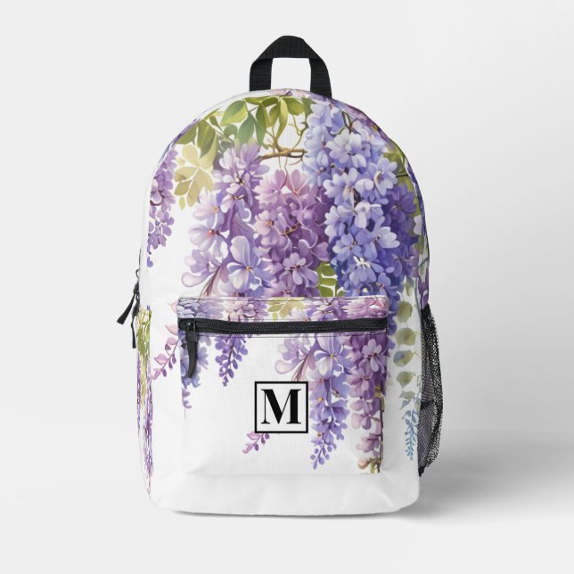 Personalize monogram purple watercolor wisteria  printed backpack (Front)