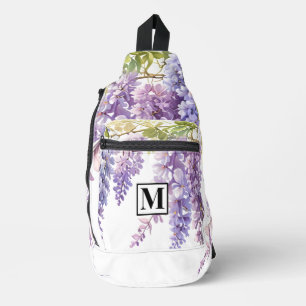 Personalize monogram purple watercolor wisteria sling bag