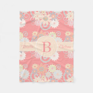 Personalize Monogram Watercolor Flowers, Pink Fleece Blanket