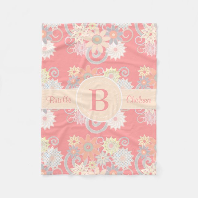 Personalize Monogram Watercolor Flowers, Pink Fleece Blanket (Front)