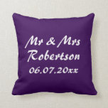 Personalize Mr and Mrs purple wedding zipper Throw Pillow<br><div class="desc">Custom Mr and Mrs royal purple wedding zipper throw pillow. Add your own surname. Personalized pillow cushions for sofa, couch or bed in bedroom. Cute design with name of newly wed couple. Classy home decor personalized for bride and groom / husband and wife. Romantic wedding presents for newlyweds. Make your...</div>