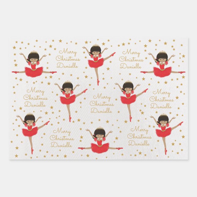 Personalize Multicultural Christmas Ballerina Wrapping Paper Sheet (Front 3)