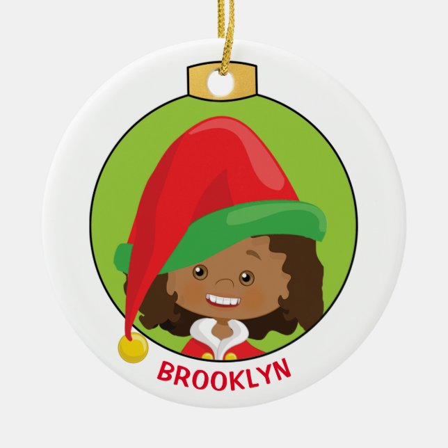 Personalize Multicultural Girl Elf Ceramic Ornament (Front)