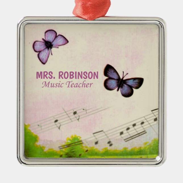 Personalize, Music Butterflies Thanks Teacher Metal Ornament (Front)