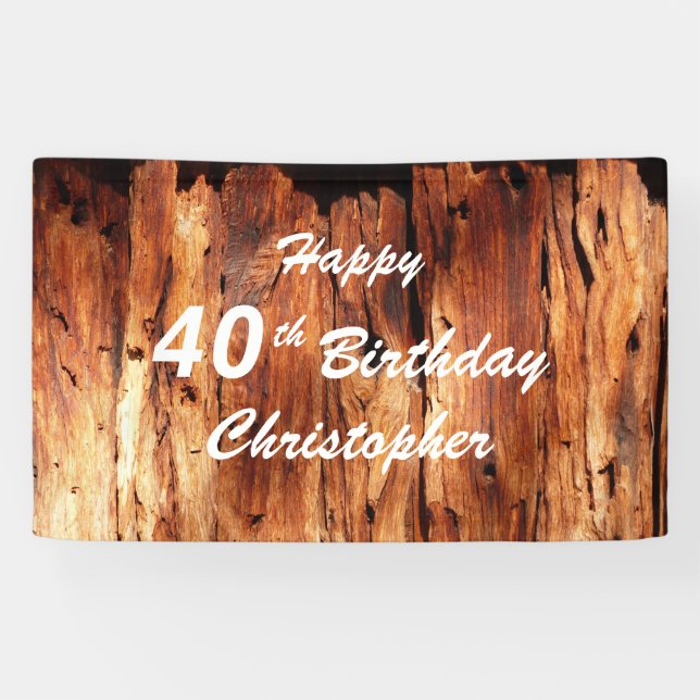Personalize Name 40th Birthday Faux Weathered Wood Banner (Horizontal)