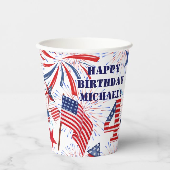 Personalize Name 4th of July Happy Birthday Set of Paper Cups (Front)