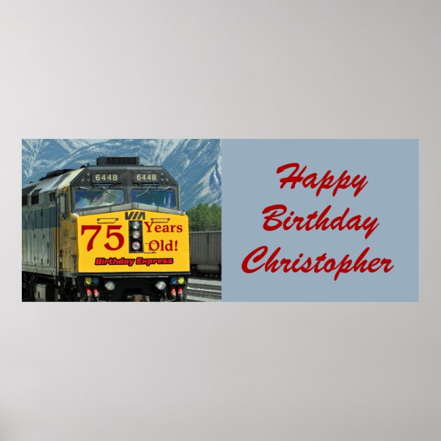 Personalize Name 75th Birthday Yellow Train Engine Poster (Front)