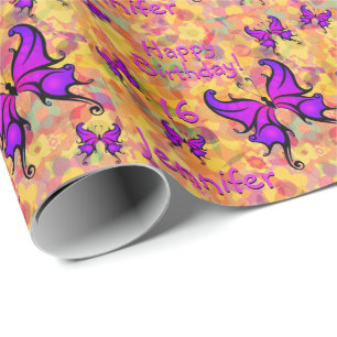 Personalize Name Age Purple Butterfly Roll of Wrapping Paper