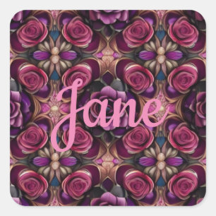  Personalize Name AI Art Purple Red & Pink Roses  Square Sticker